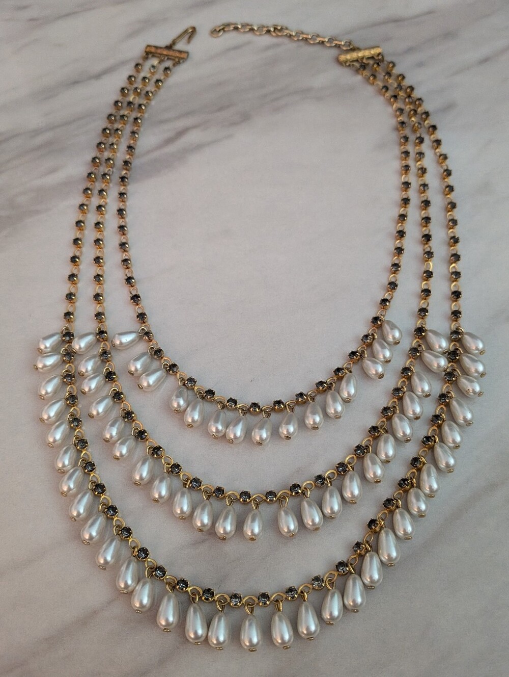 Vintage 3-Strand Faux Pearl Teardrop & Rhinestone Choker Necklace Gold Tone